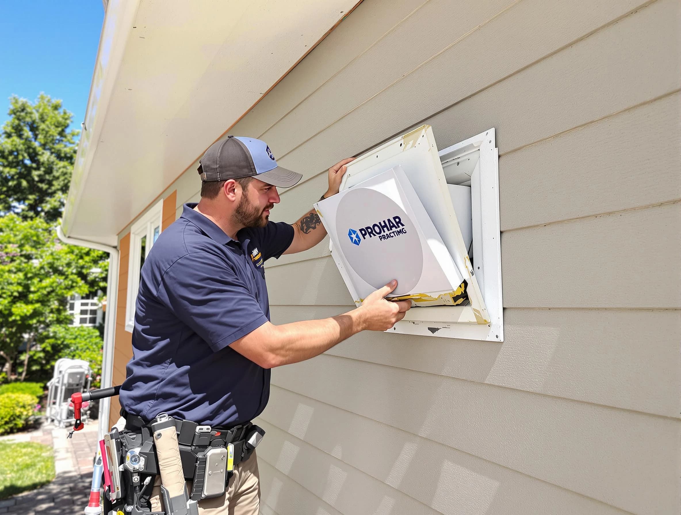 Panthersville Dryer Vent Cleaning technician installing a new protective dryer vent cover on a home in Panthersville