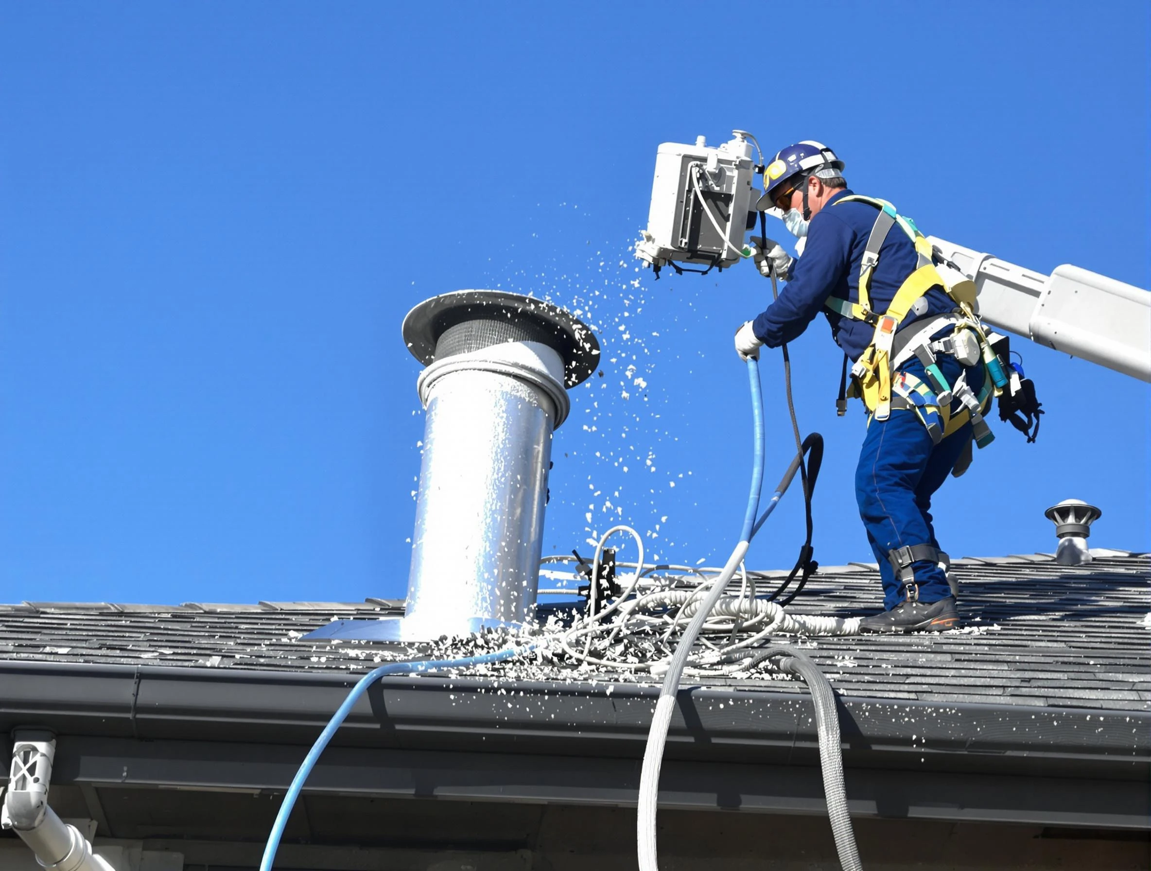 Panthersville Dryer Vent Cleaning certified technician safely cleaning a roof-mounted dryer vent in Panthersville